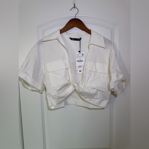 Zara Boxy Twist Hem White Collared Cropped Shirt - Picture 3 of 17